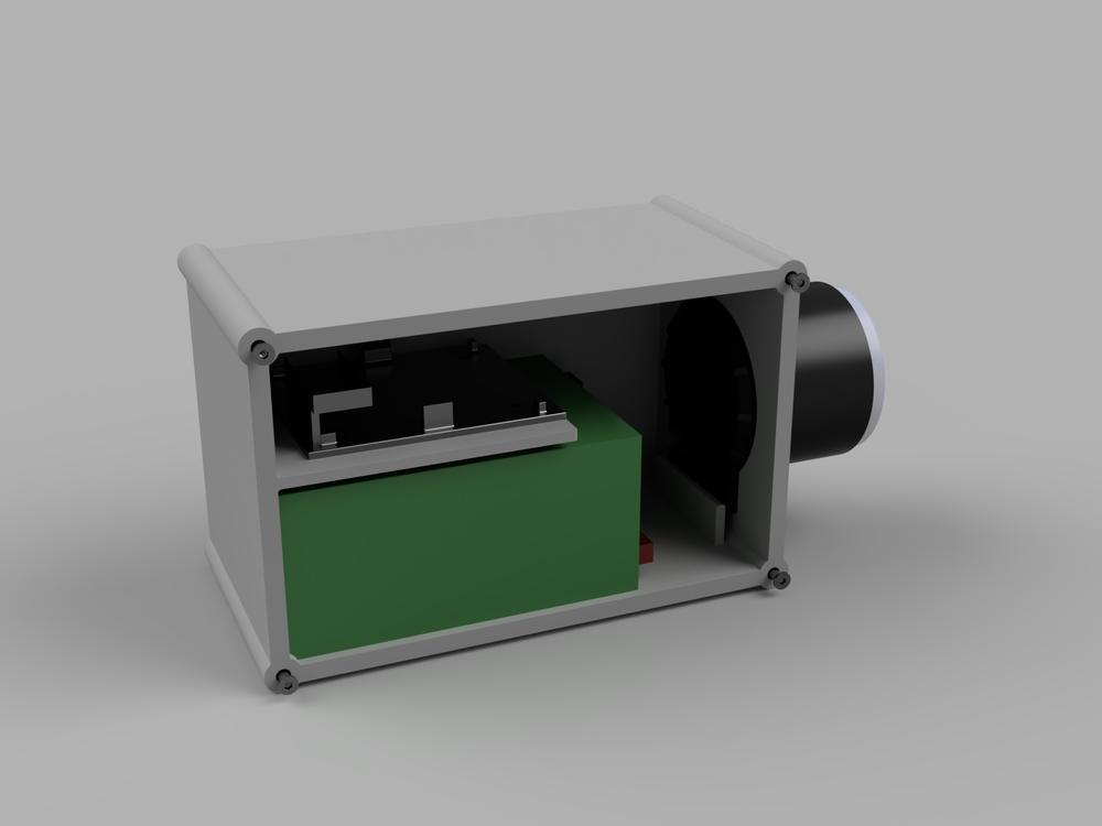 Rendu 3D du boîtier ouvert : carte électronique et batterie.
